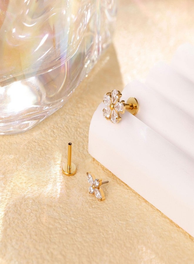 NICEIGHT 2Pcs 16G/18G Titanium Threadless Cartilage Earrings - Flat Back Push in Helix, Tragus, Labret, Monroe Studs - Hypoallergenic Flower Conch Lobe Stud Piercing Jewelry 6/8MM 16G Gold - Image 2